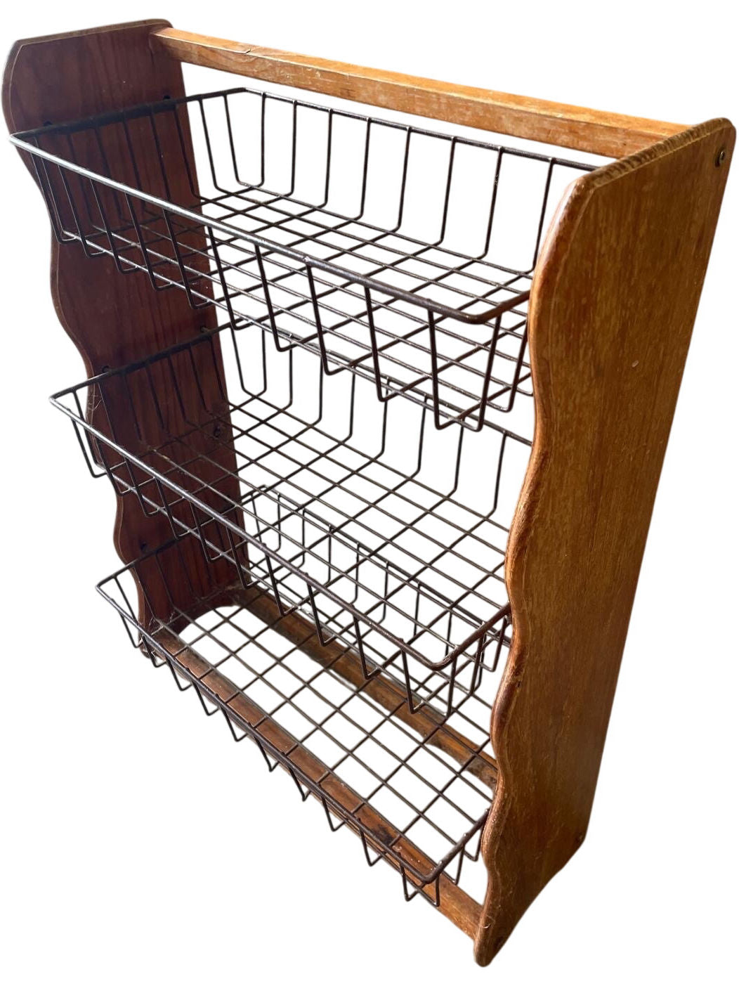 Vintage Wooden Storage Rack with Metal Wire Baskets (Pre-Loved)