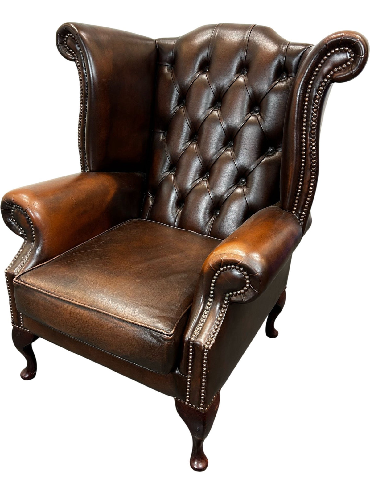 Vintage Wingback Armchair Button Tufted Brown Studded Trim (Pre-Loved)