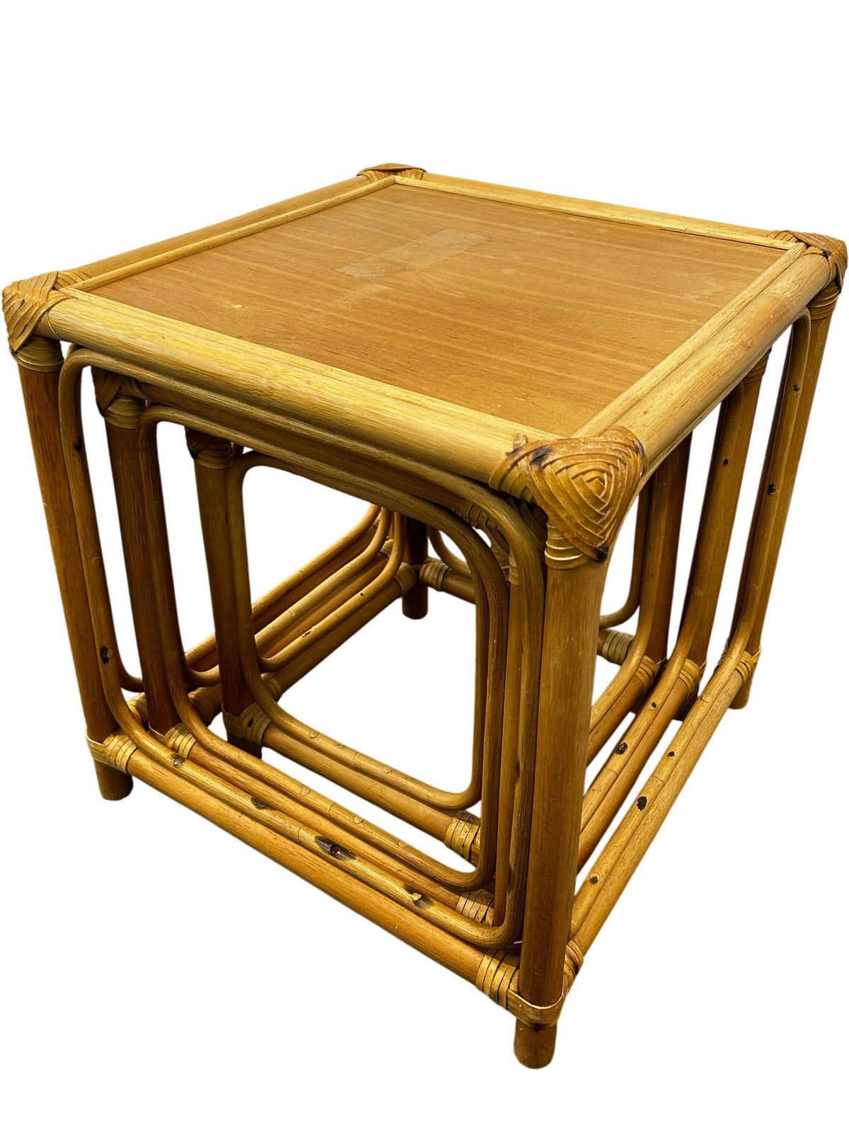 Rattan Nest of 3 Square Side Tables Natural Boho Wicker Style (Pre-Loved)