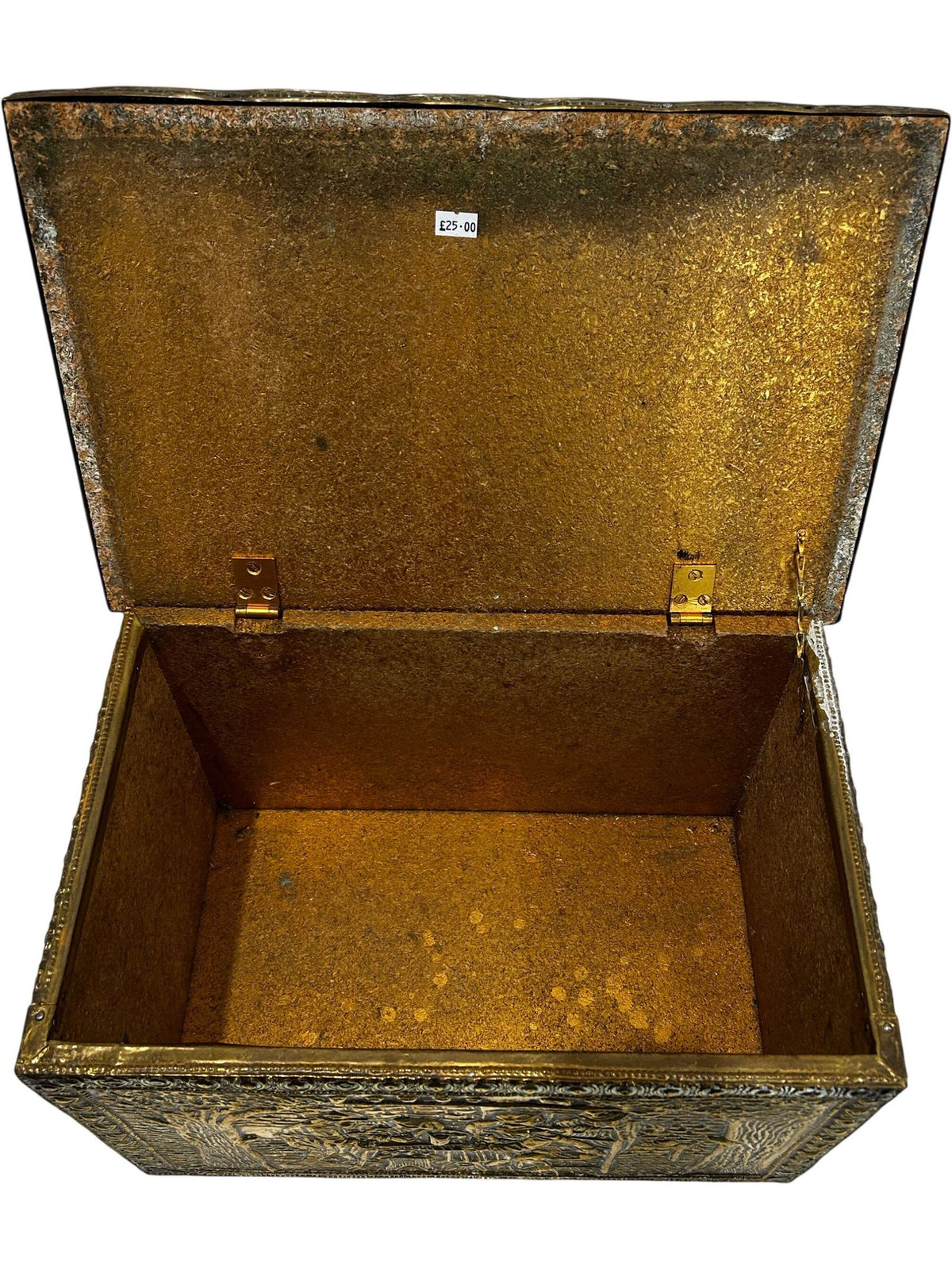Embossed Metal Storage Box Hinged Lid Brass Tone (Pre-Loved)