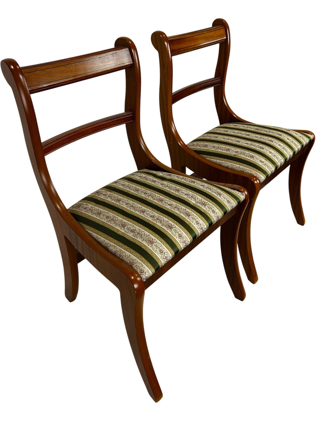 Pair Vintage Style Wooden Dining Chairs Striped Upholstered Seats (Pre-Loved)