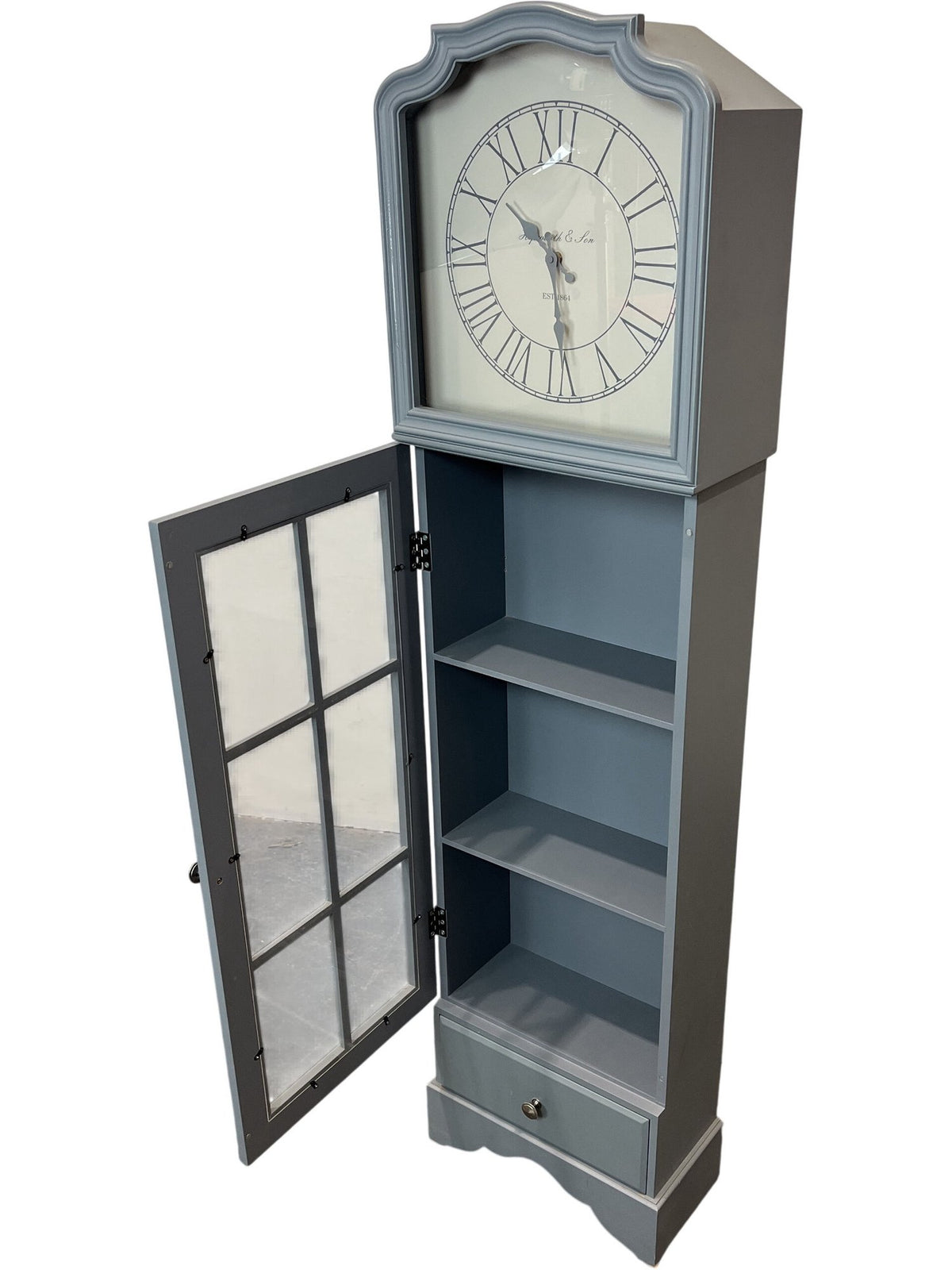 Grey Modern Tall Clock Cabinet With Storage Shelves (Pre-Loved)
