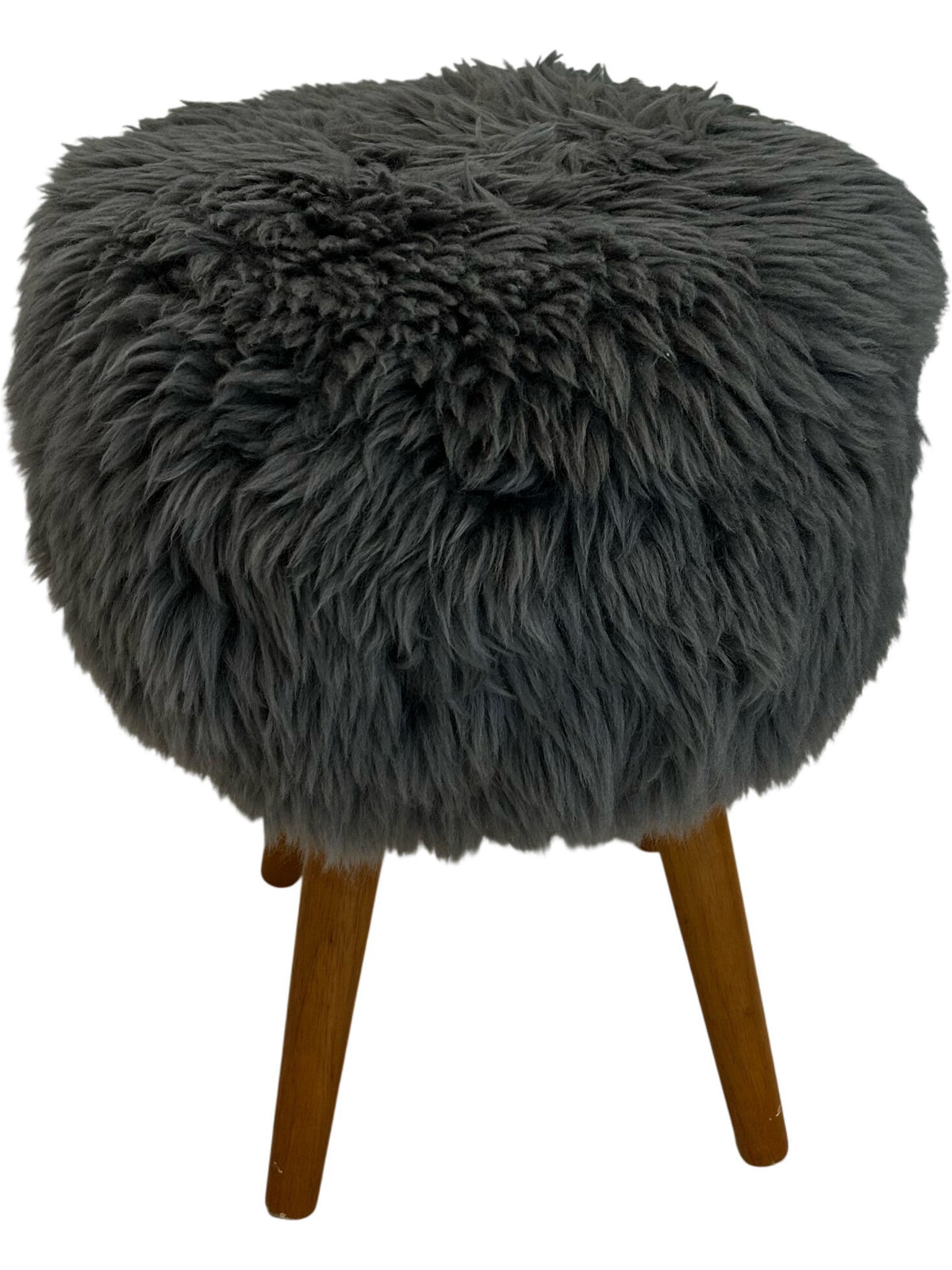 Grey Faux Fur Round Footstool Ottoman Wooden Legs Bedroom Stool (Pre-Loved)
