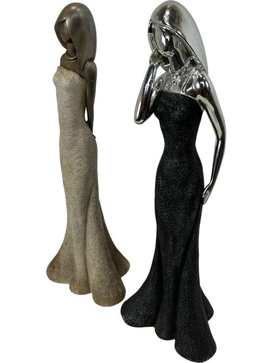 Large Female Figurine Sculptures Set of 2 Black Silver Gold 62cm (Pre-Loved)