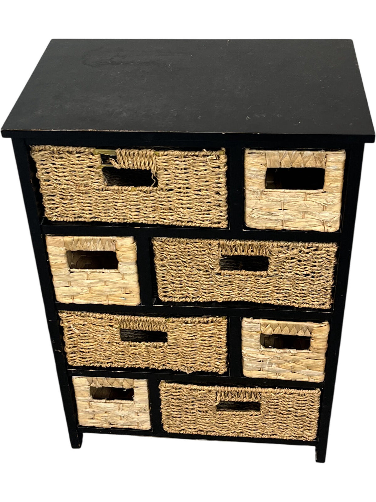 Rustic Basket Cabinet Black Wood Frame Woven Storage Drawers (Pre-Loved)