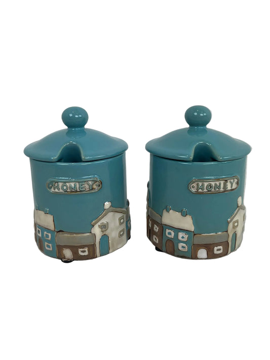Country Cottage Ceramic Honey Pot And Lid Set of 2 (New)