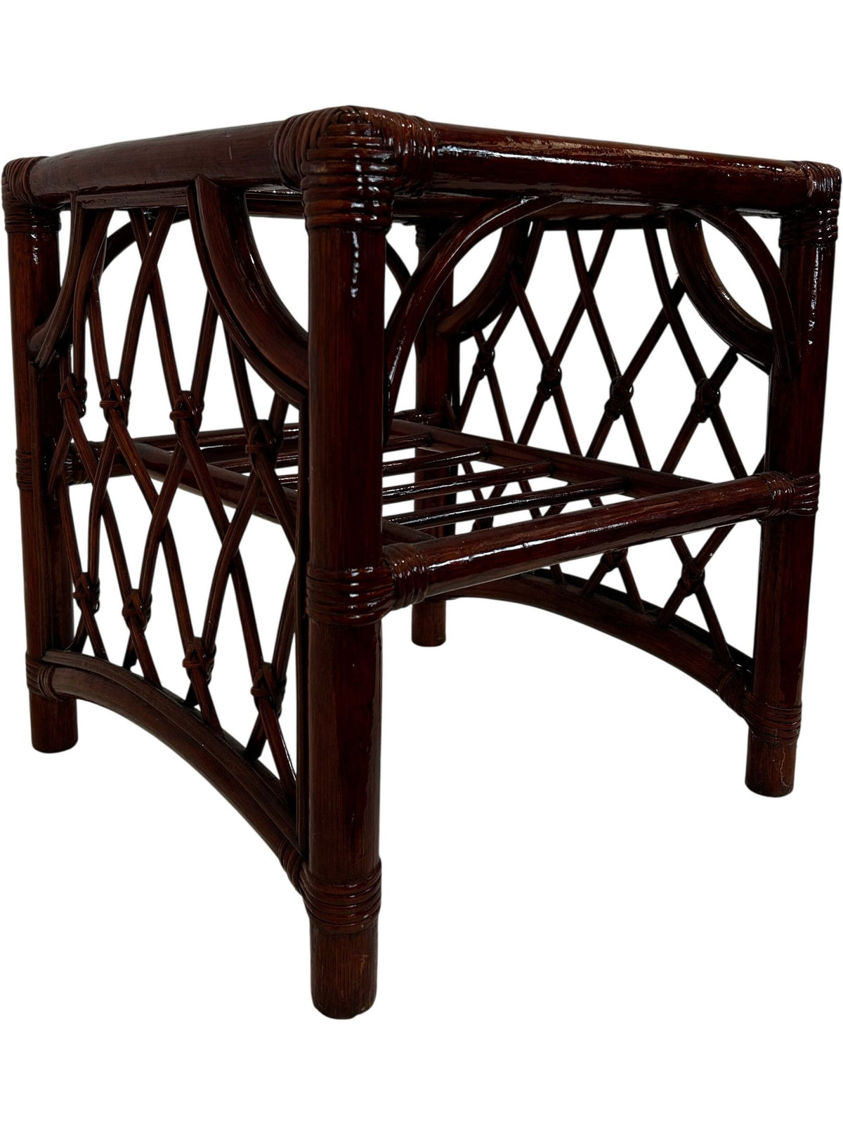 Rattan Wicker Glass Top Side Table with Lower Shelf (Pre-Loved)