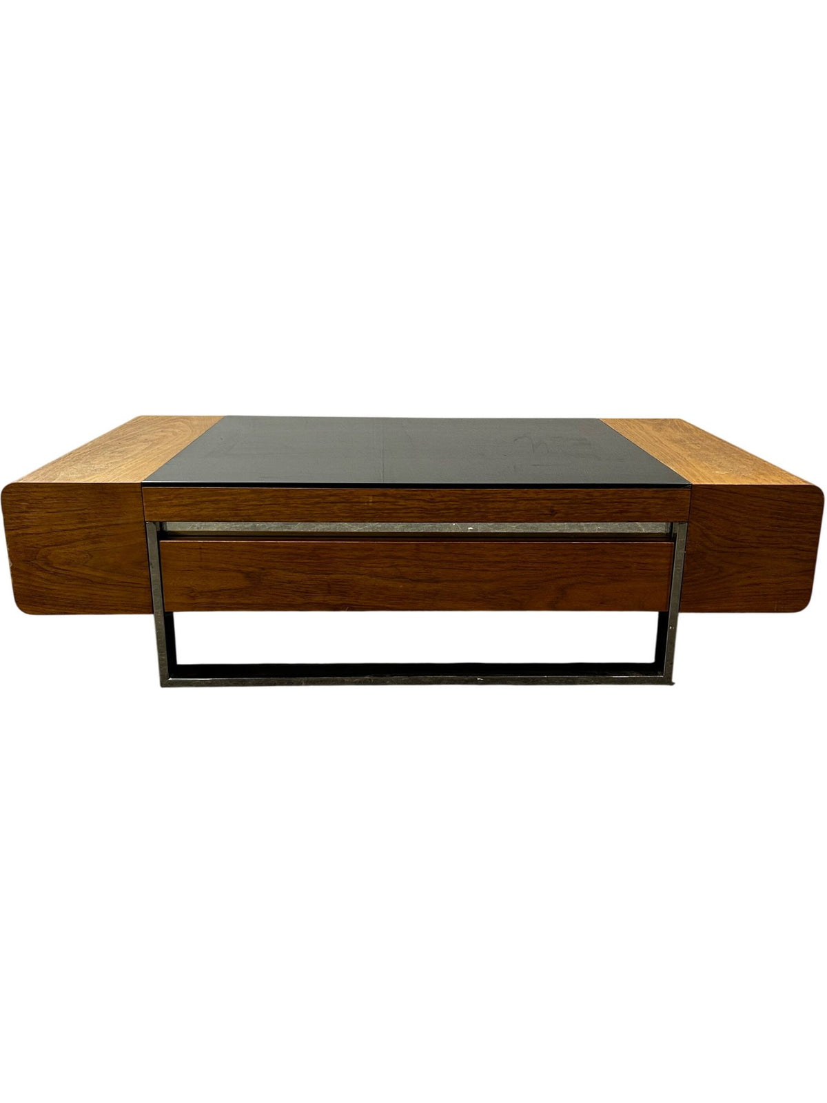 Large Black Glass Coffee Table Wood Finish Storage Chrome Frame (Pre-Loved)
