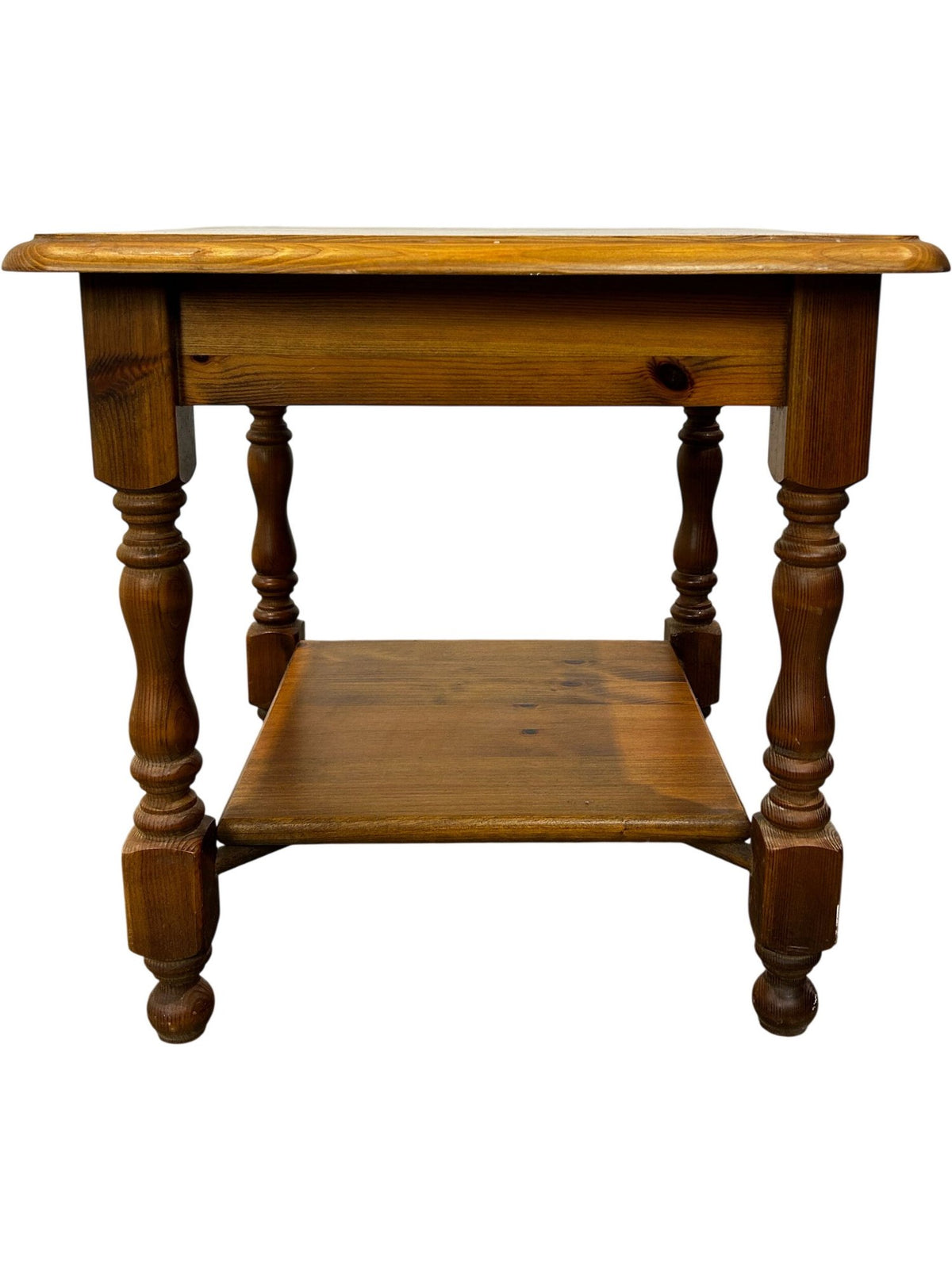 Vintage Wooden Side Table Square Turned Legs Lower Shelf Brown (Pre-Loved)