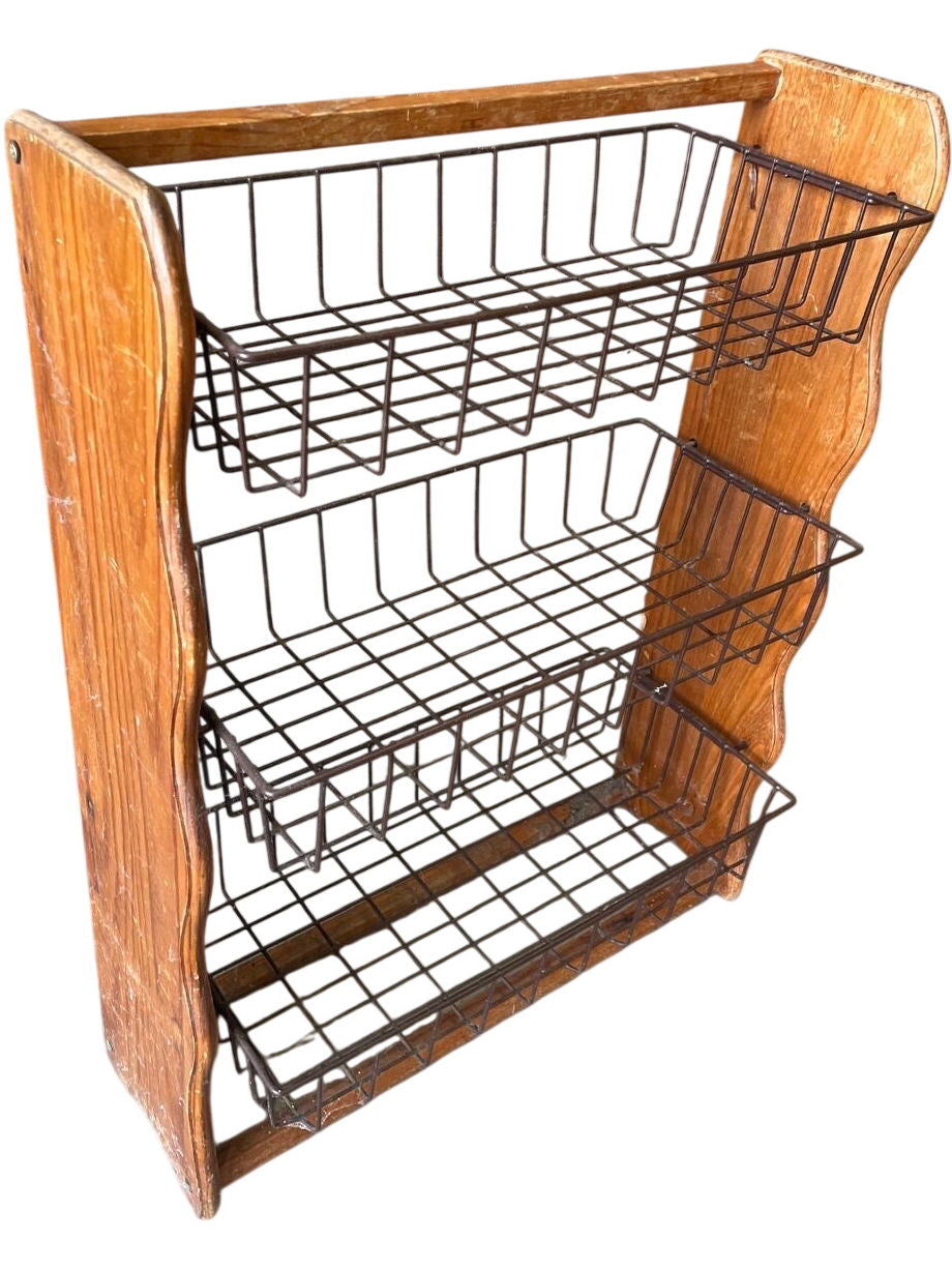 Vintage Wooden Storage Rack with Metal Wire Baskets (Pre-Loved)