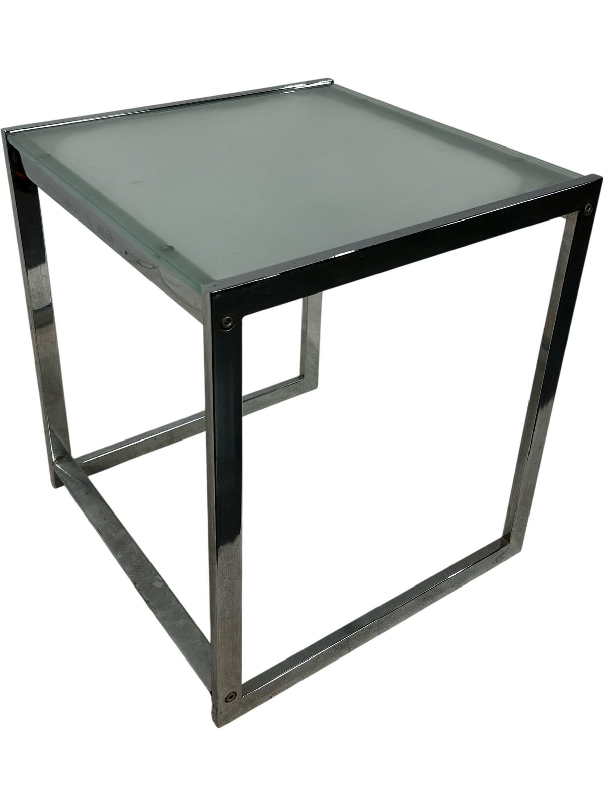 40cm Square Glass Side Table Silver Metal Frame (Pre-Loved)