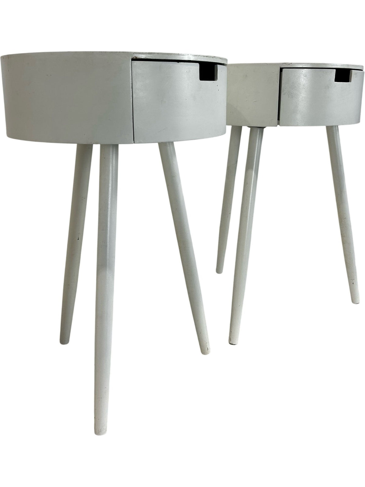 Set of 2 White Round Bedside Tables with Drawer Storage Tapered Legs (Pre-Loved)