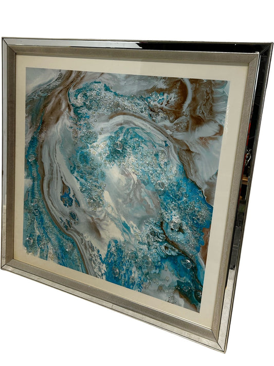 Large Blue White Abstract Marble Effect Wall Art Silver Frame 89cm (Pre-Loved)