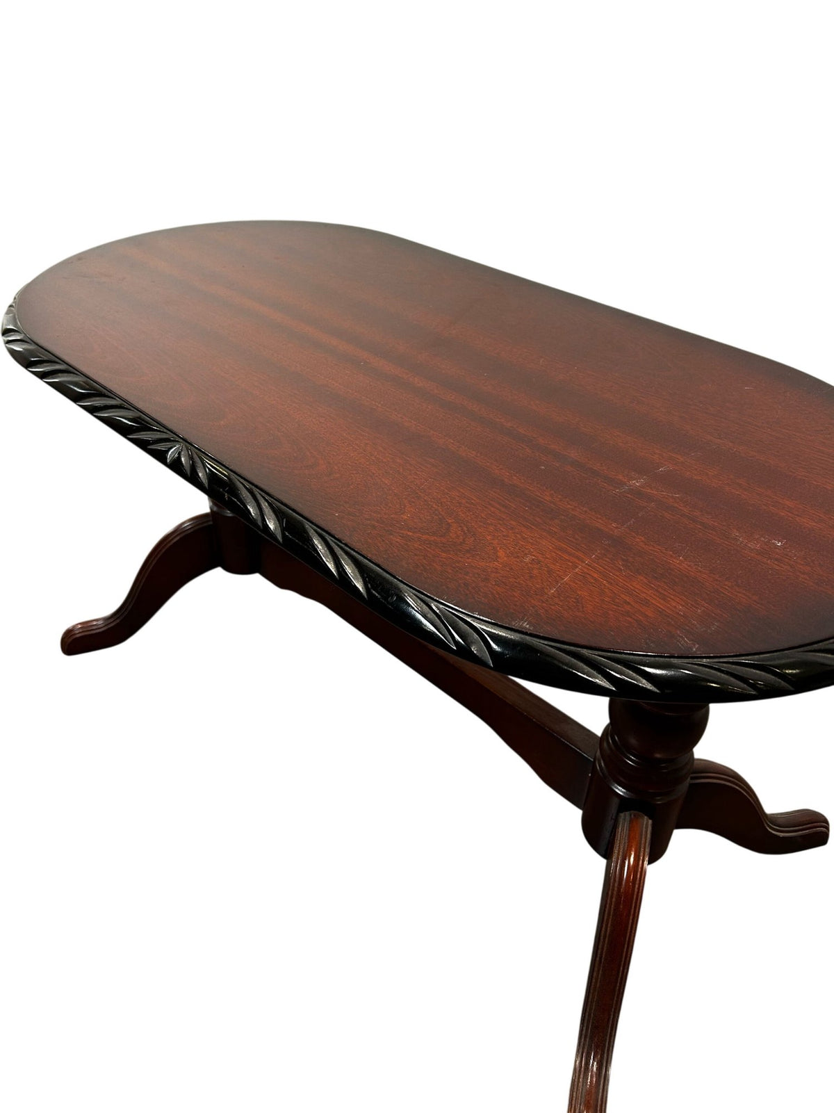 Vintage Oval Coffee Table Carved Edge Pedestal Base Mahogany Style (Pre-Loved)