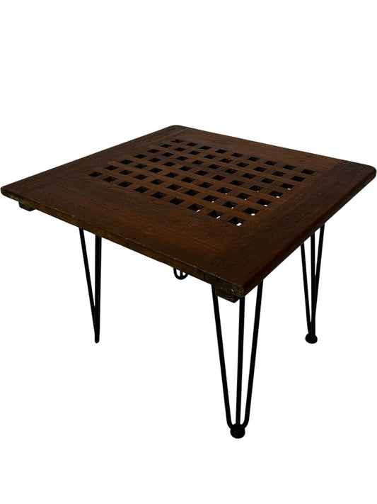 Wooden Lattice Top Side Table Black Hairpin Legs Vintage Style (Pre-Loved)