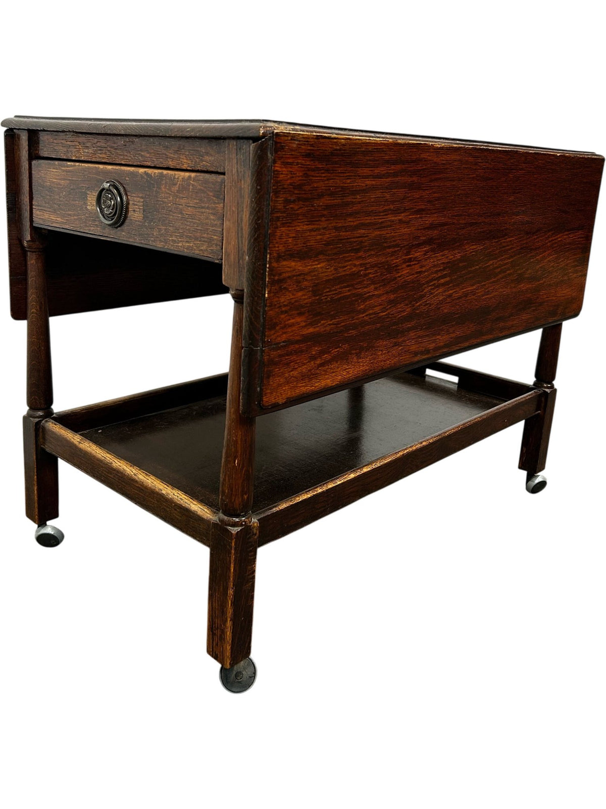 Vintage Drop Leaf Side Table with Drawer, Shelf & Castors (Pre-Loved)