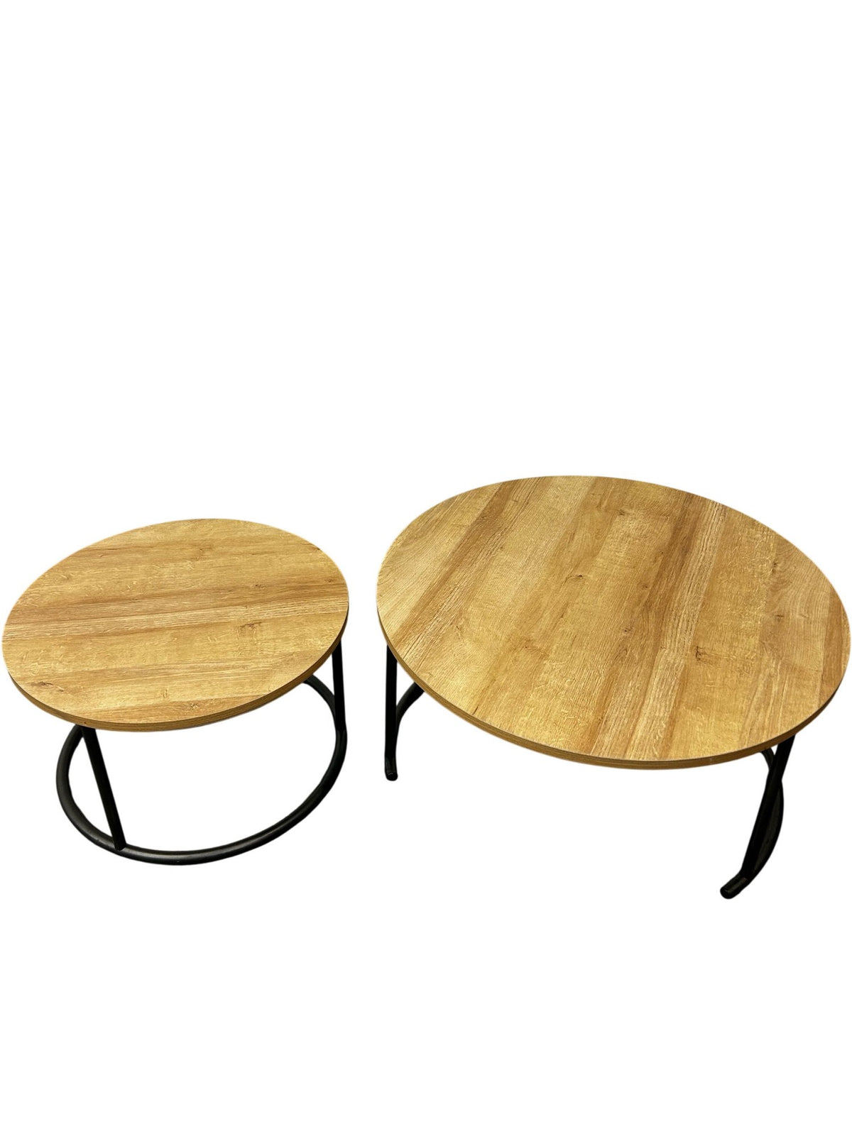 Round Coffee Table Set Black Metal Legs Wooden Top (Pre-Loved)