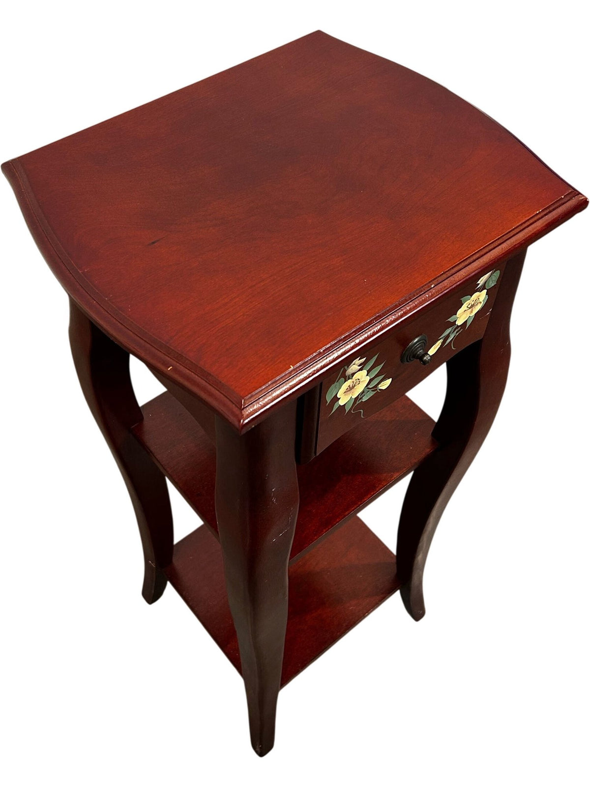 Tall Wooden Side Table Floral Drawer 2 Shelves Mahogany Finish (Pre-Loved)
