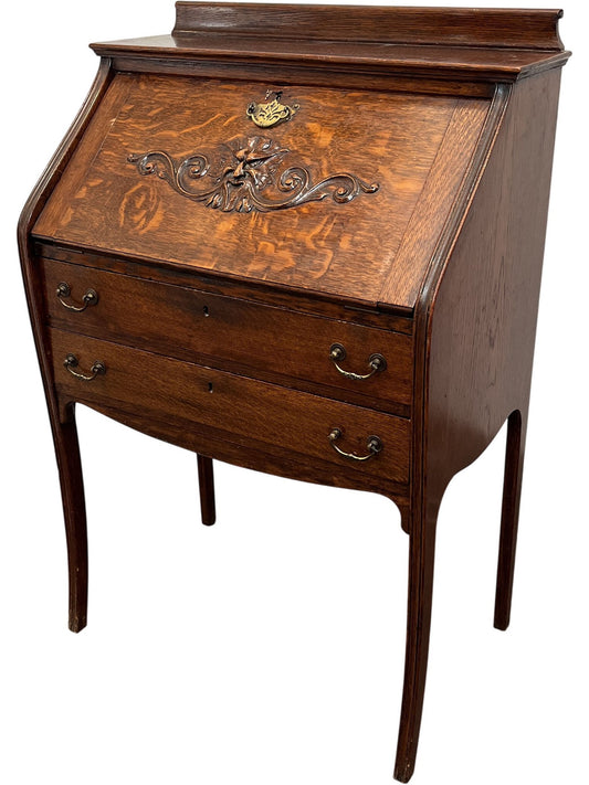 Vintage Antique Secretary Wooden Desk Carved Front Writing Bureau (Pre-Loved)