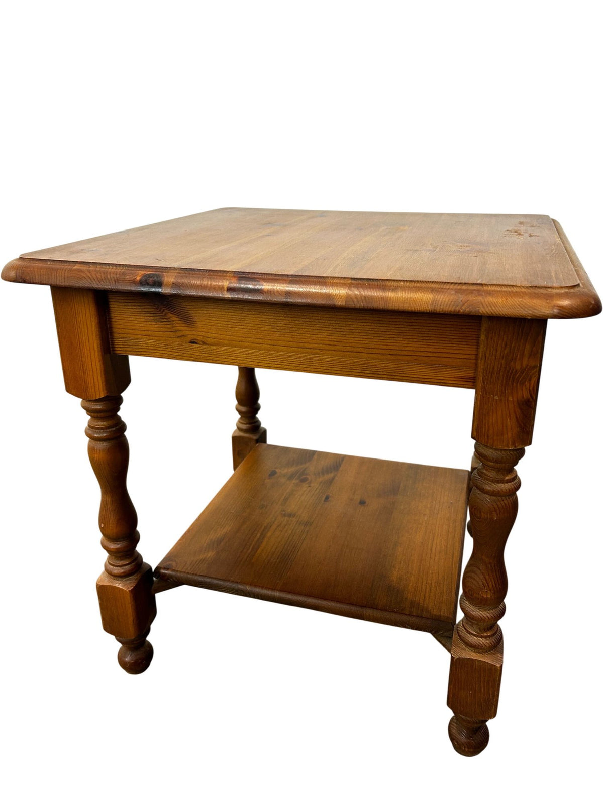 Vintage Wooden Side Table Square Turned Legs Lower Shelf Brown (Pre-Loved)