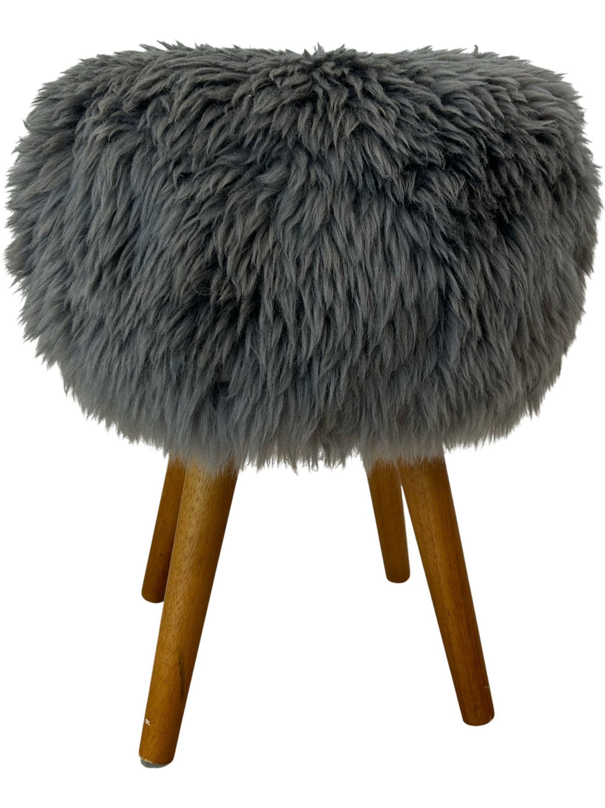 Grey Faux Fur Round Footstool Ottoman Wooden Legs Bedroom Stool (Pre-Loved)