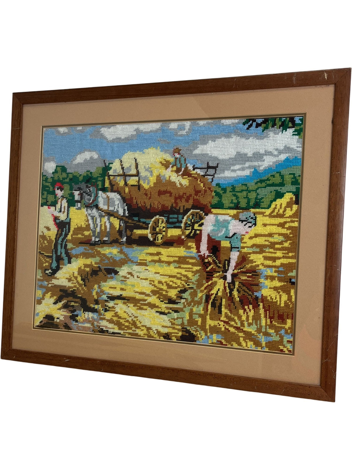 Vintage Framed Needlepoint Woven Harvest Scene Art (Pre-Loved)