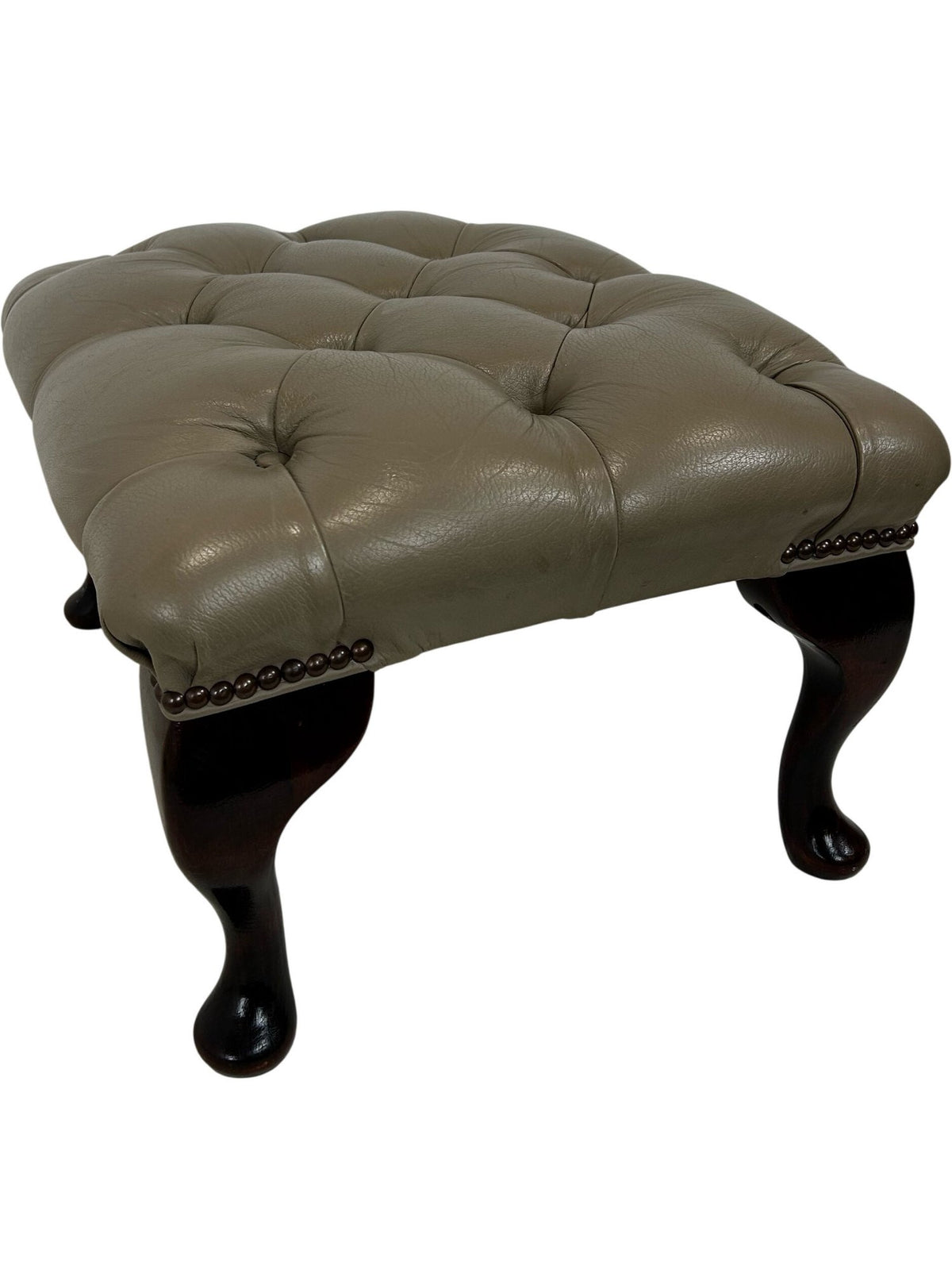 Vintage Tufted Footstool Ottoman Queen Anne Cabriole Legs Brown (Pre-Loved)