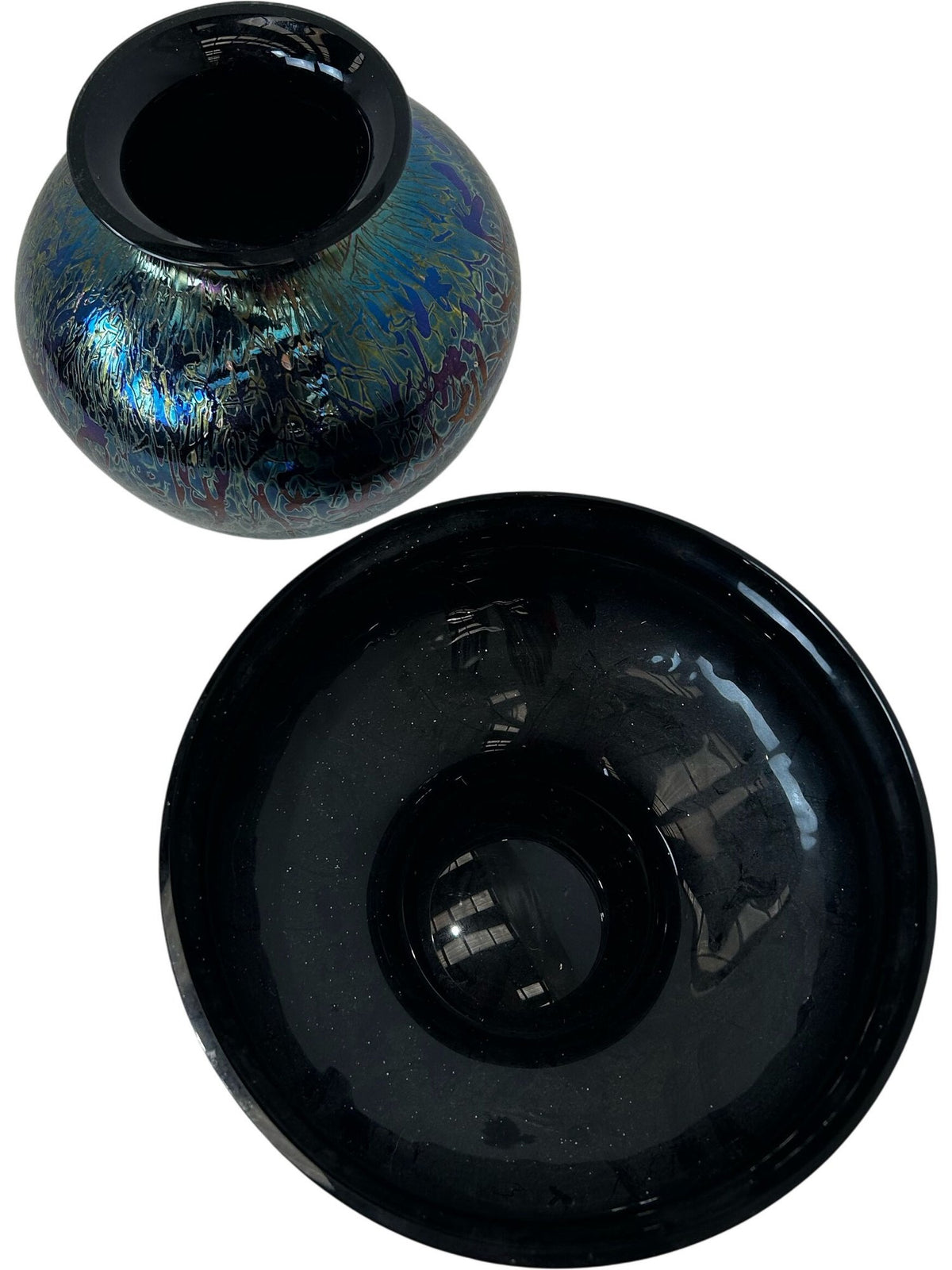 Iridescent Art Glass Vase & Footed Bowl Set Decorative Glass (Pre-Loved)