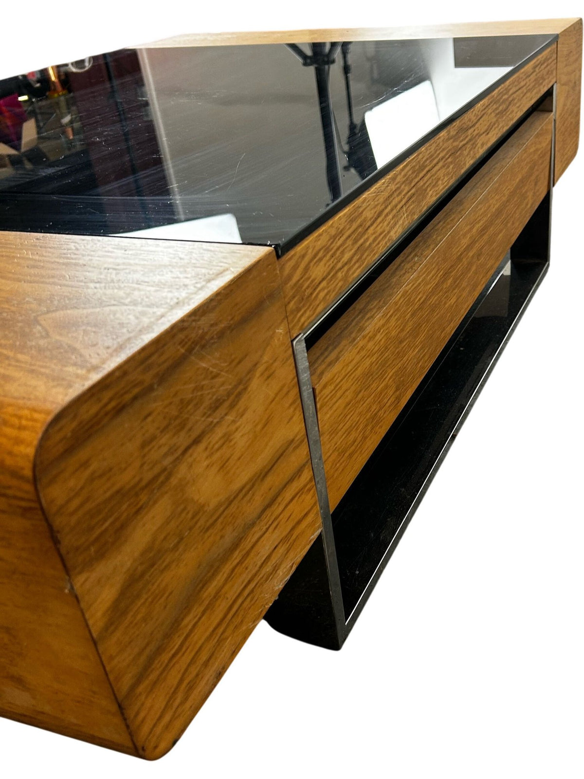 Large Black Glass Coffee Table Wood Finish Storage Chrome Frame (Pre-Loved)