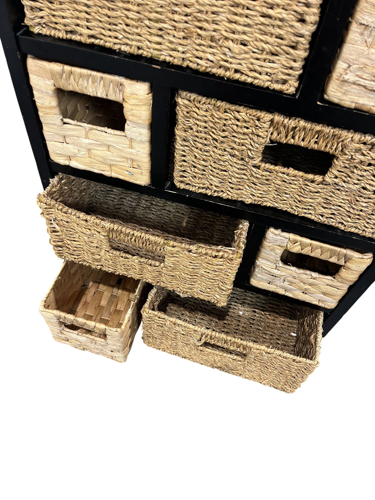 Rustic Basket Cabinet Black Wood Frame Woven Storage Drawers (Pre-Loved)