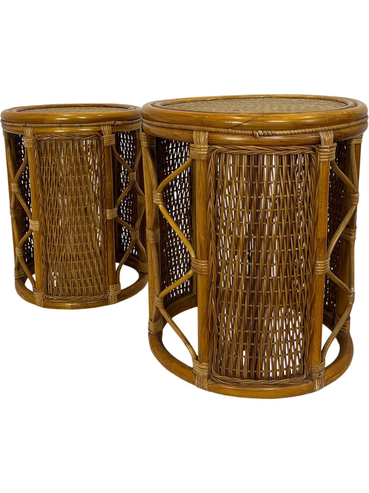 Vintage Rattan Bamboo Woven Round Nesting Side Tables (Pre-Loved)