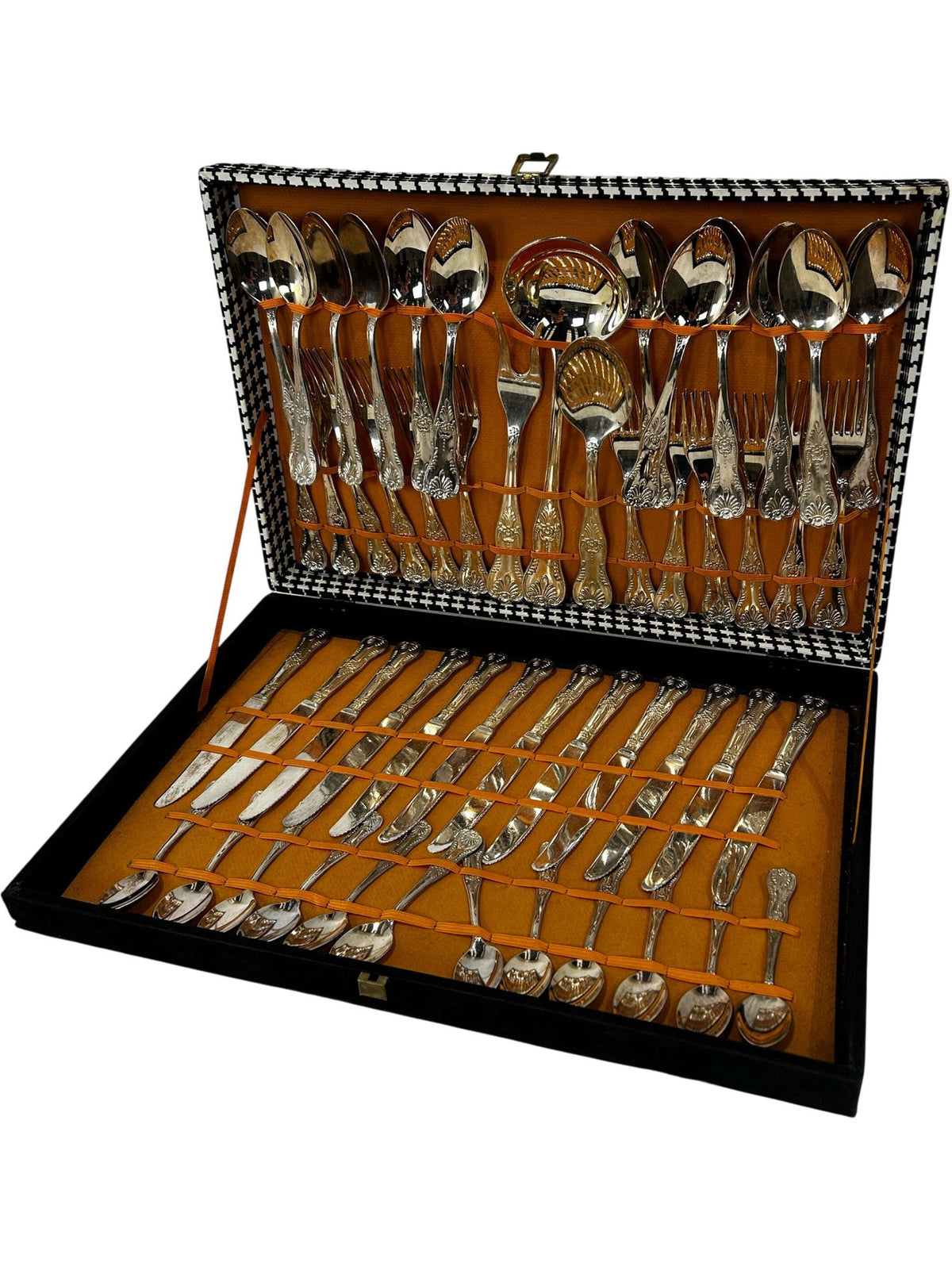 Vintage Ornate Cutlery Set in Houndstooth Canteen Case Silver Tone (Pre-Loved)
