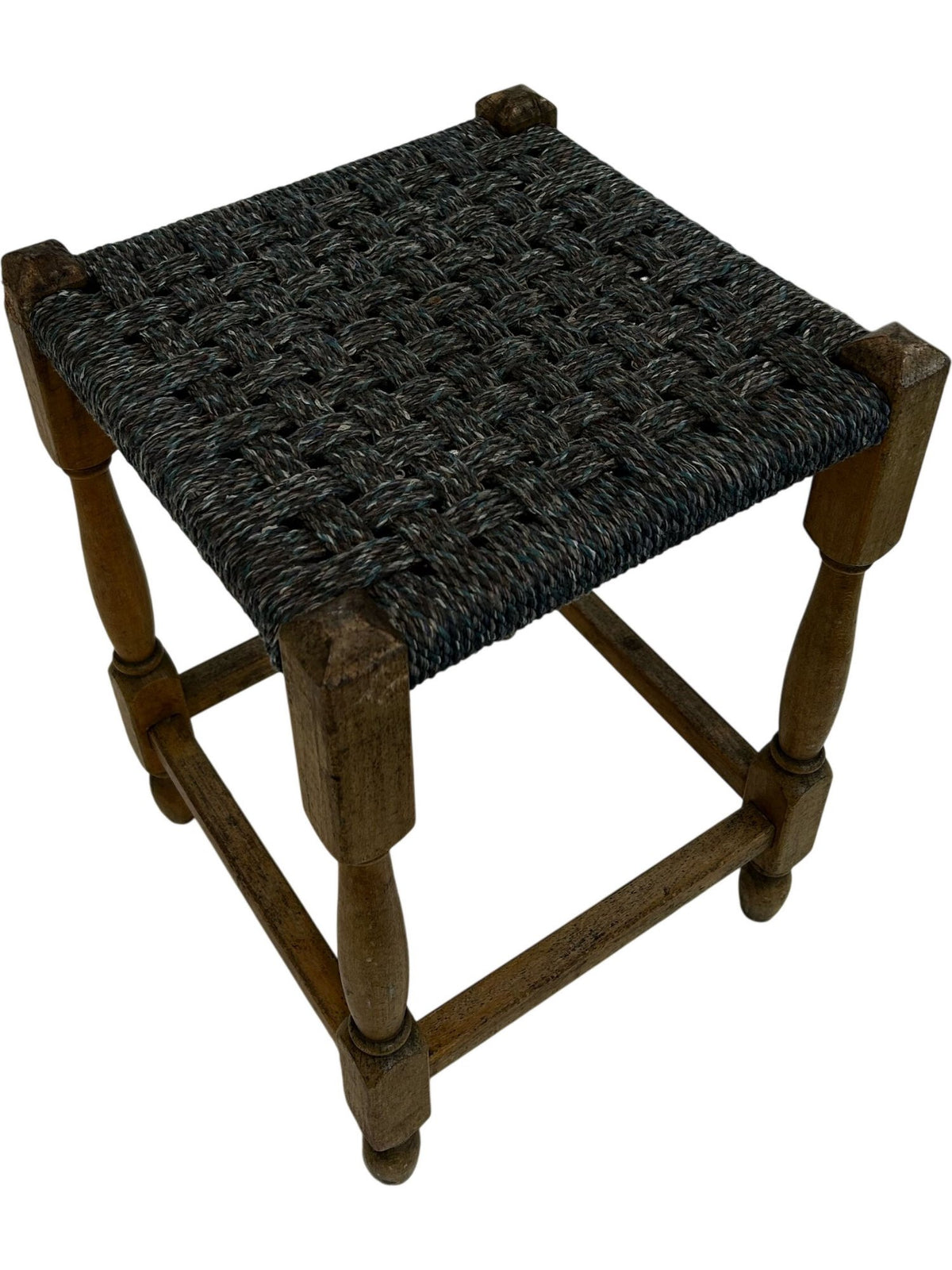 Wooden Stool Woven Rush Seat Turned Legs Square Footstool Brown (Pre-Loved)