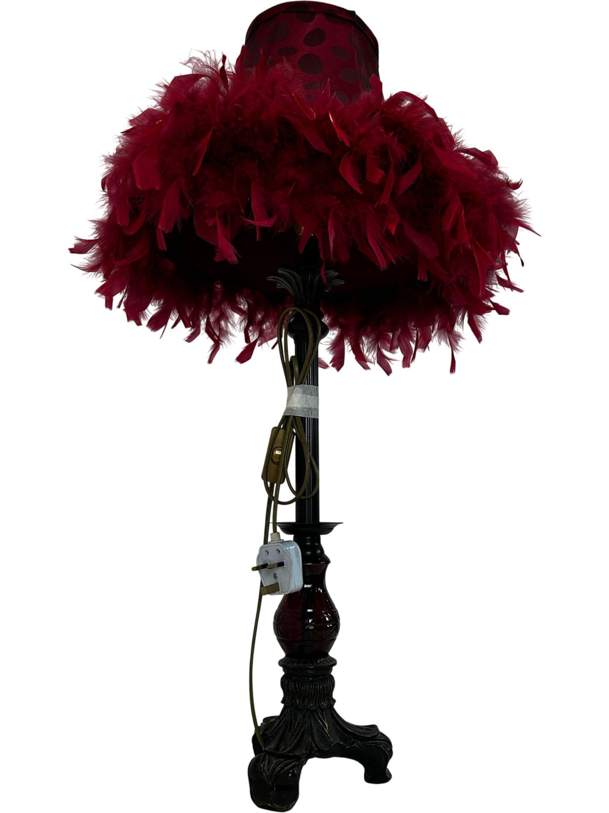 Red Feather Decorative Table Lamp with Ornate Base (Pre-Loved)