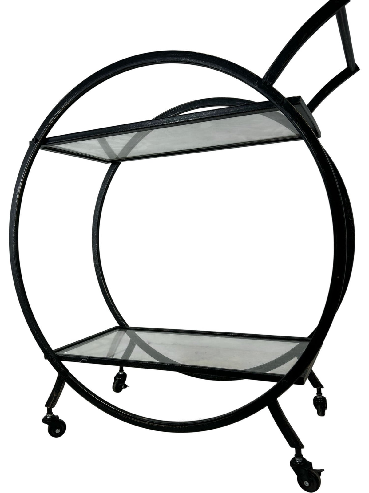 Black Metal Drinks Trolley Bar Cart 2 Glass Shelves Round Frame (Pre-Loved)