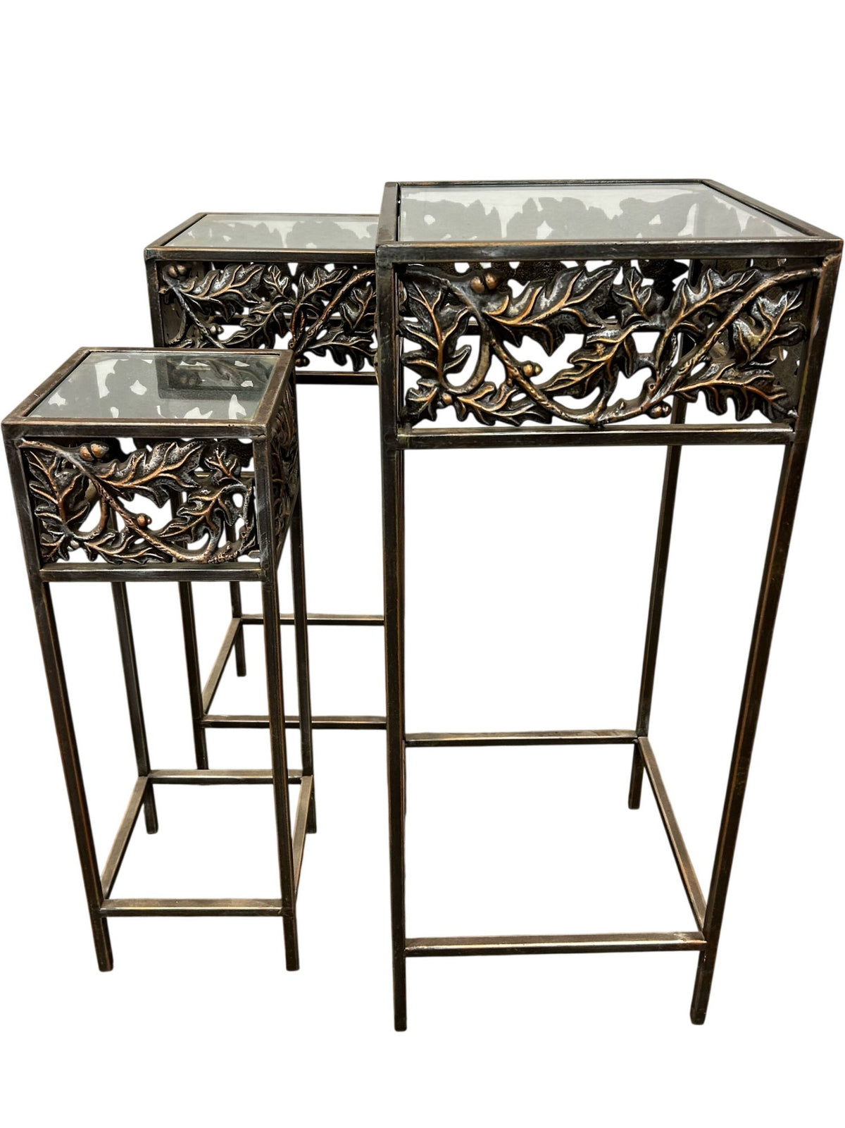 Set of 3 Vintage Metal Nesting Plant Stands Glass Tops Floral Design (Pre-Loved)