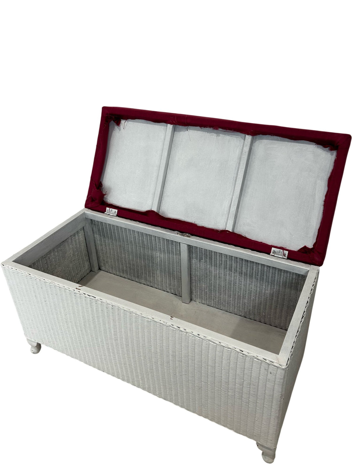 White Wicker Storage Bench Lift Up Burgundy Cushion Ottoman (Pre-Loved)