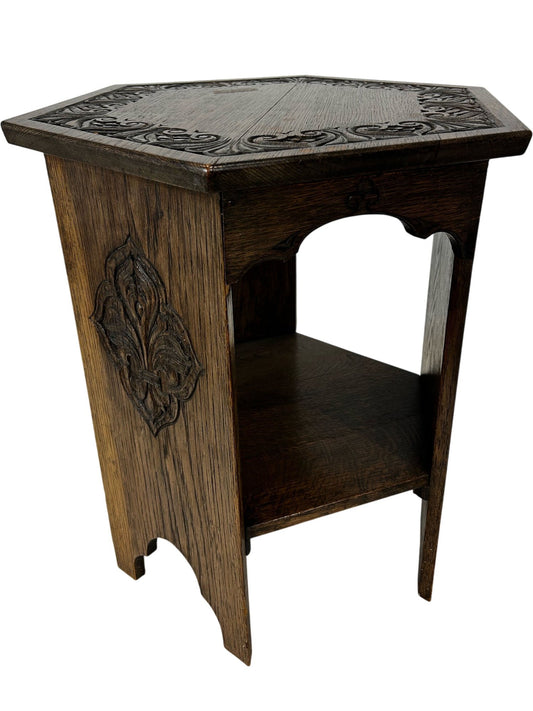 Hexagonal Carved Wooden Side Table with Lower Shelf Dark Oak Style (Pre-Loved)