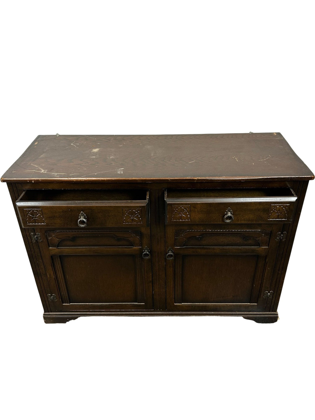 Dark Wood Sideboard with 2 Drawers 2 Door Cupboard Carved Detail (Pre-Loved)