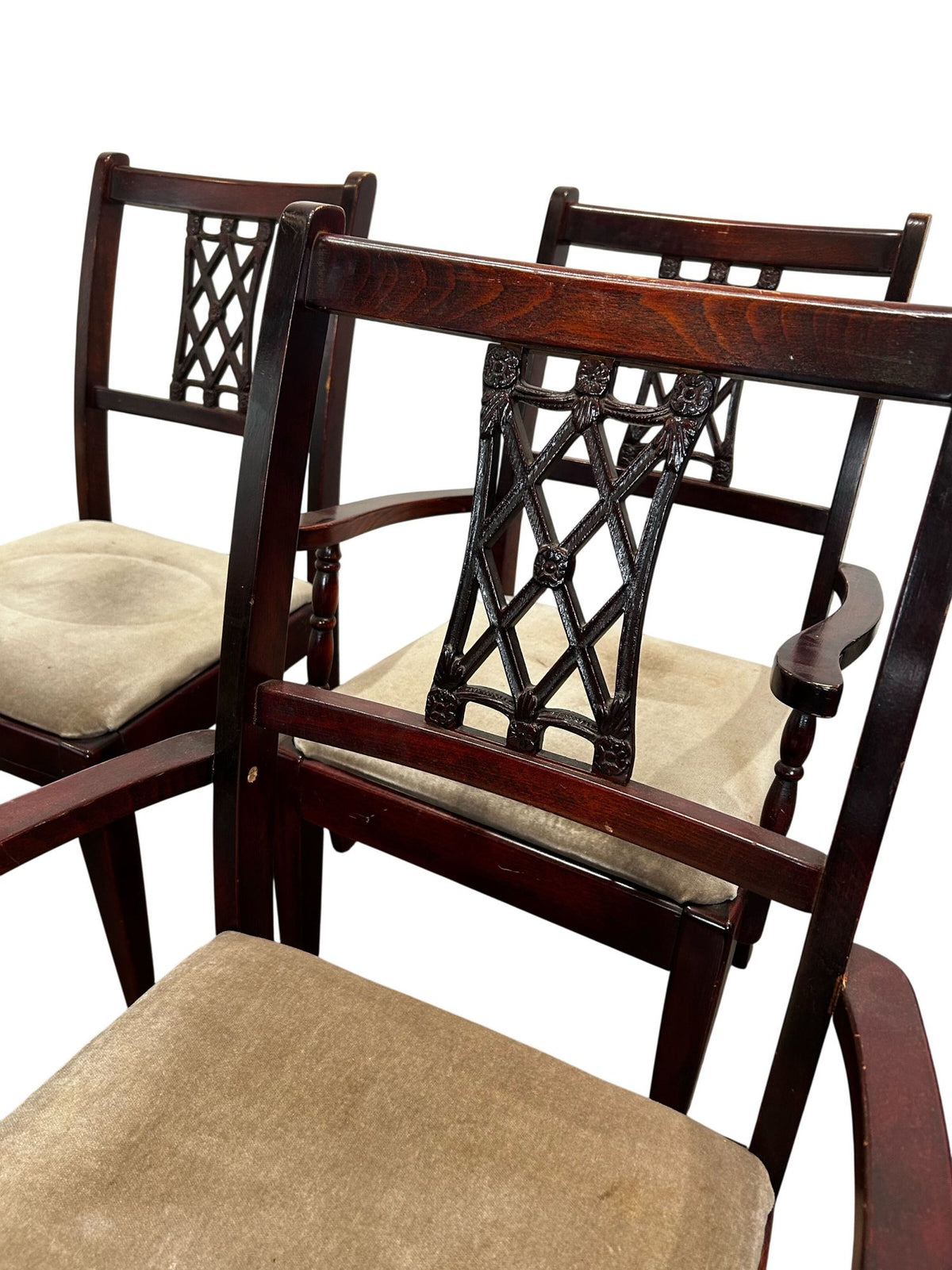 Set of 4Wooden Armchairs Upholstered Seats Lattice Back Antique Style(Pre-Loved)