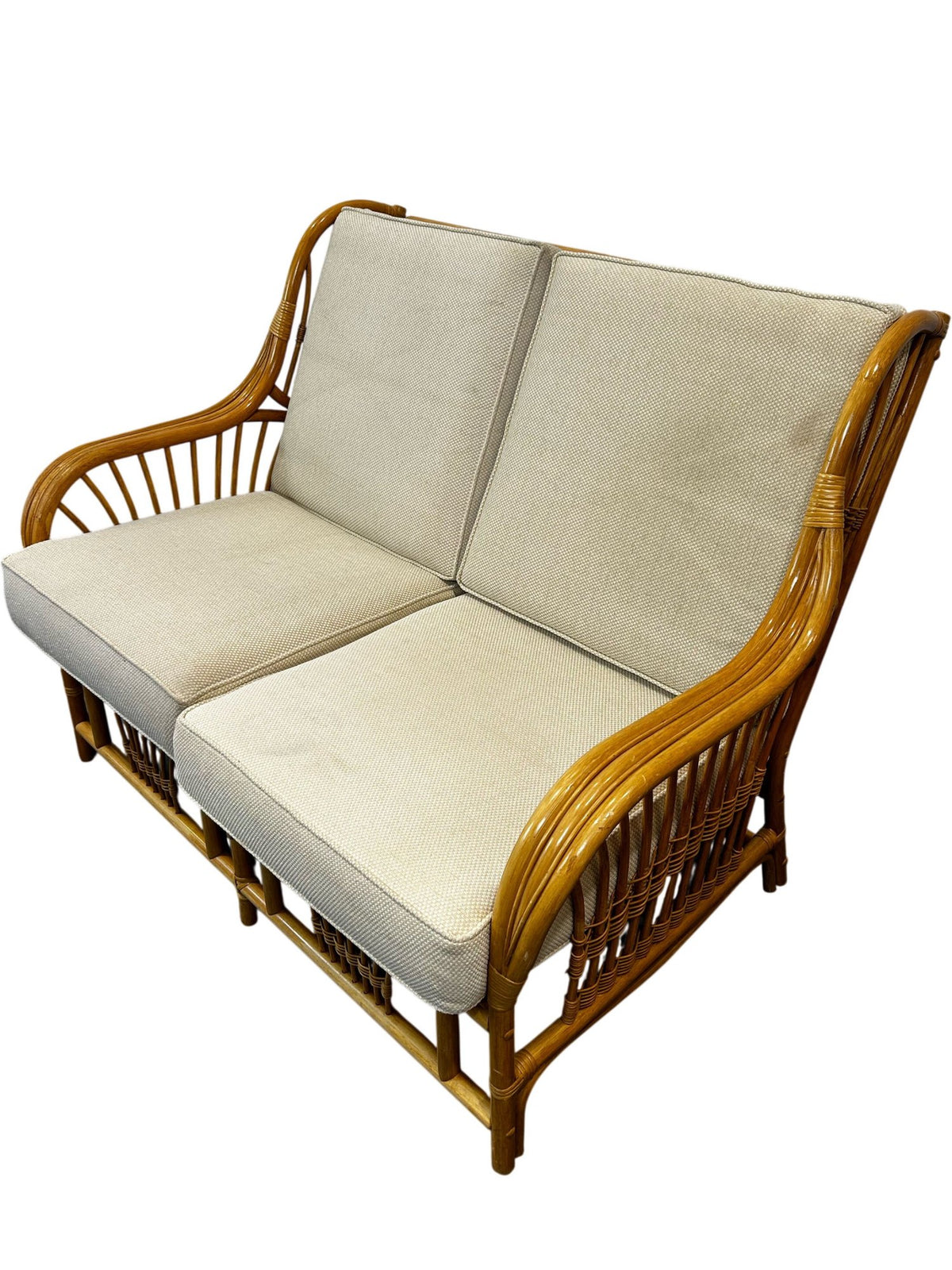 Rattan Two-Seater Conservatory Sofa with Beige Cushions Wicker Frame (Pre-Loved)