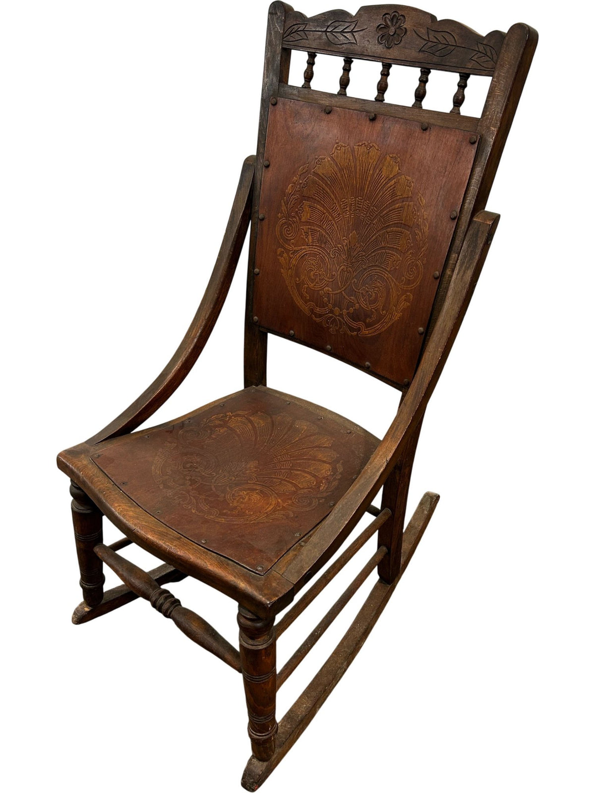 Carved Wooden Rocking Chair Floral Back Turned Legs Traditional (Pre-Loved)
