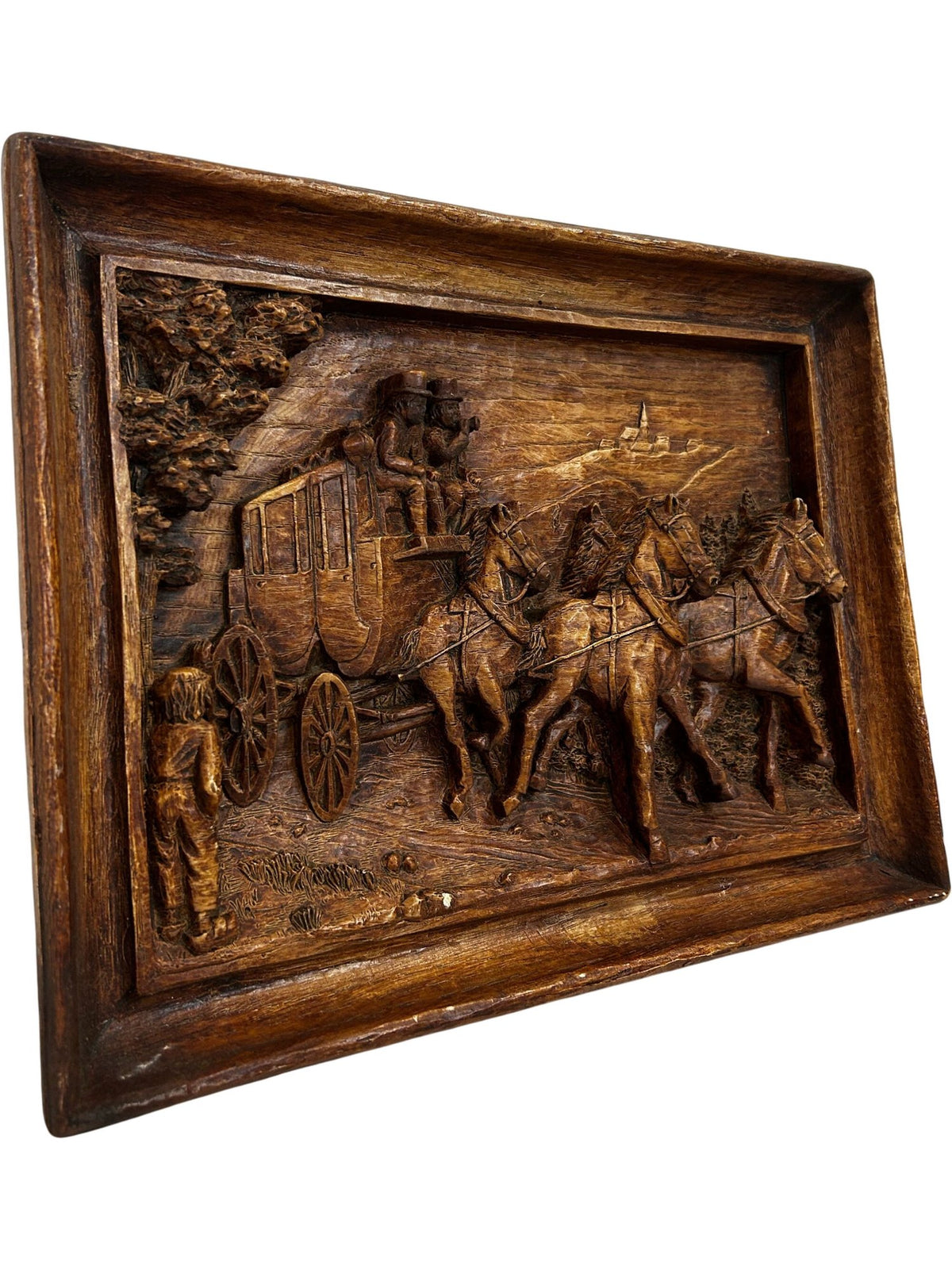 Vintage Coach & Horses Relief Wall Plaque Rustic Carved Effect 31cm (Pre-Loved)