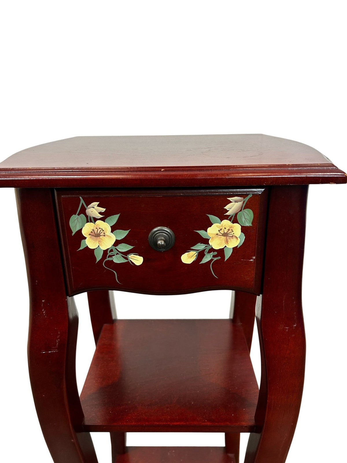 Tall Wooden Side Table Floral Drawer 2 Shelves Mahogany Finish (Pre-Loved)