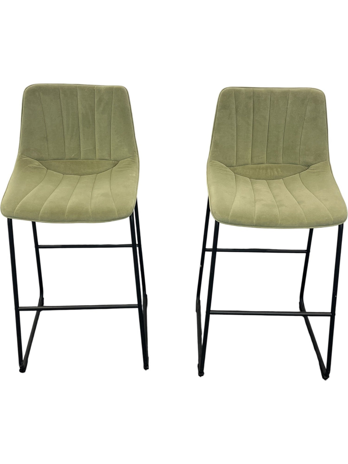Pair Of Green Upholstered Bar Stools Black Metal Frame (Pre-Loved)