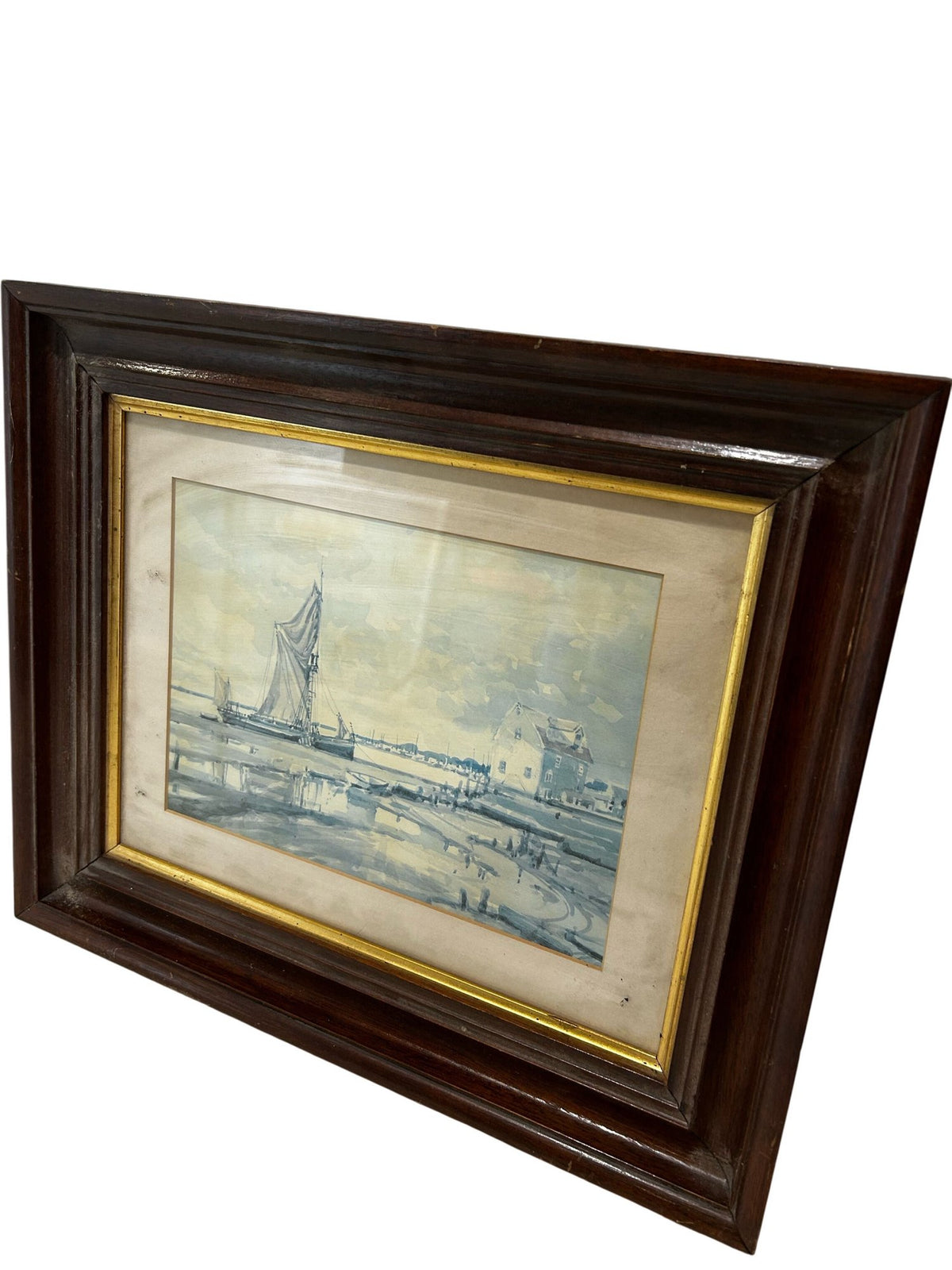 Pair Vintage Style Framed Maritime Coastal Sailing Boat Art Prints (Pre-Loved)