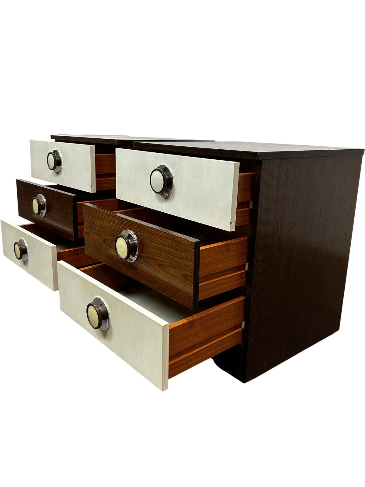 Pair of Retro 3 Drawer Bedside Cabinets Brown & Cream (Pre-Loved)