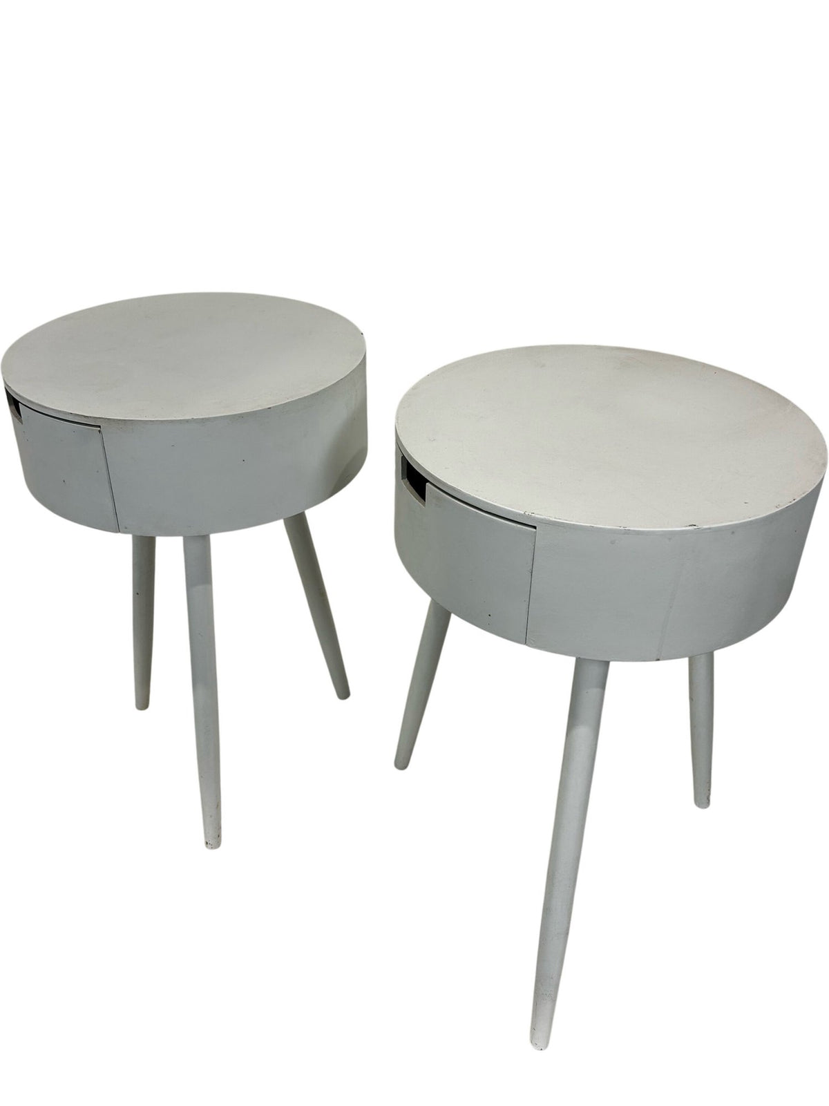 Set of 2 White Round Bedside Tables with Drawer Storage Tapered Legs (Pre-Loved)