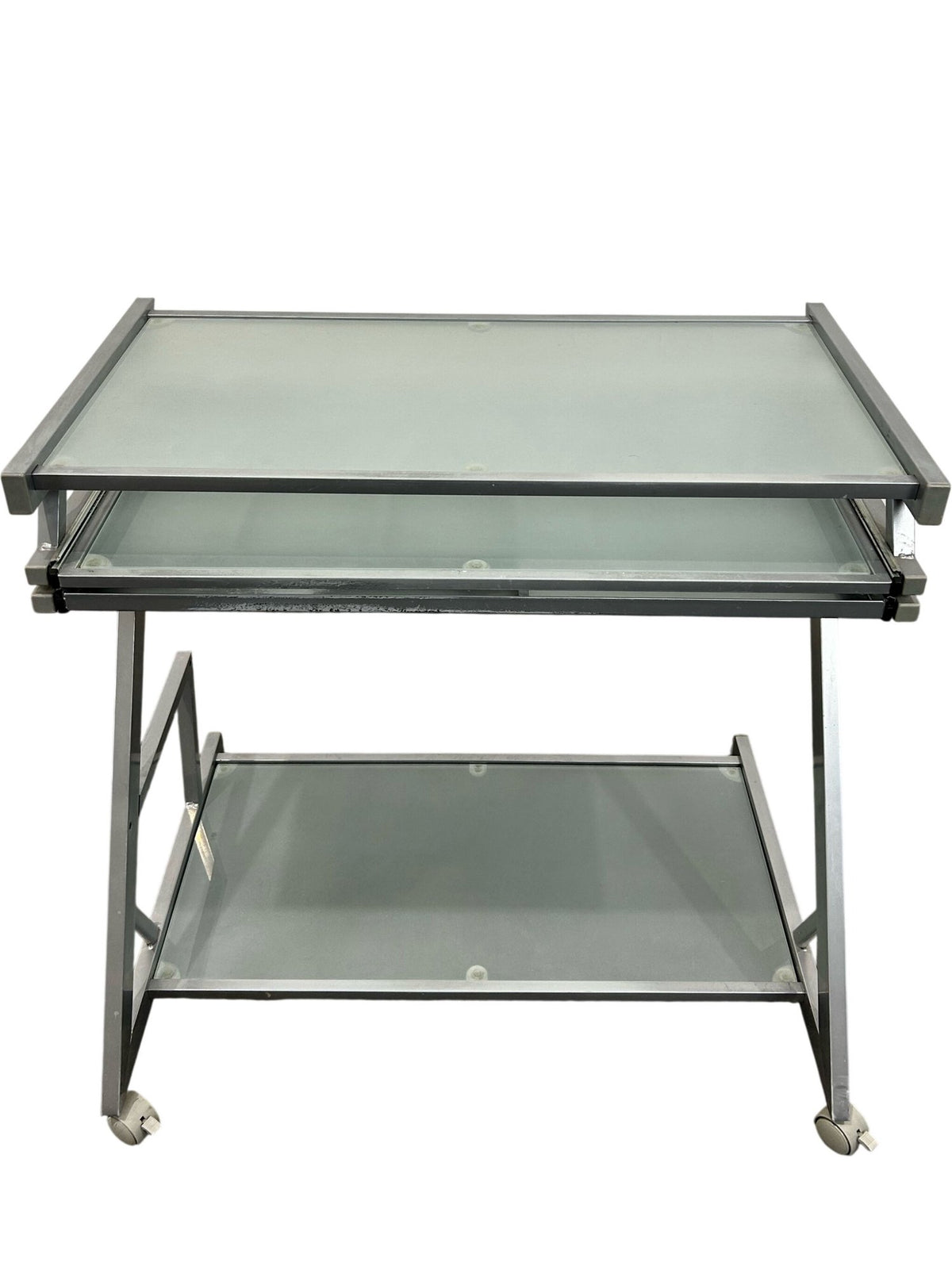 Glass Computer Desk with Keyboard Tray, Shelf & Wheels (Pre-Loved)