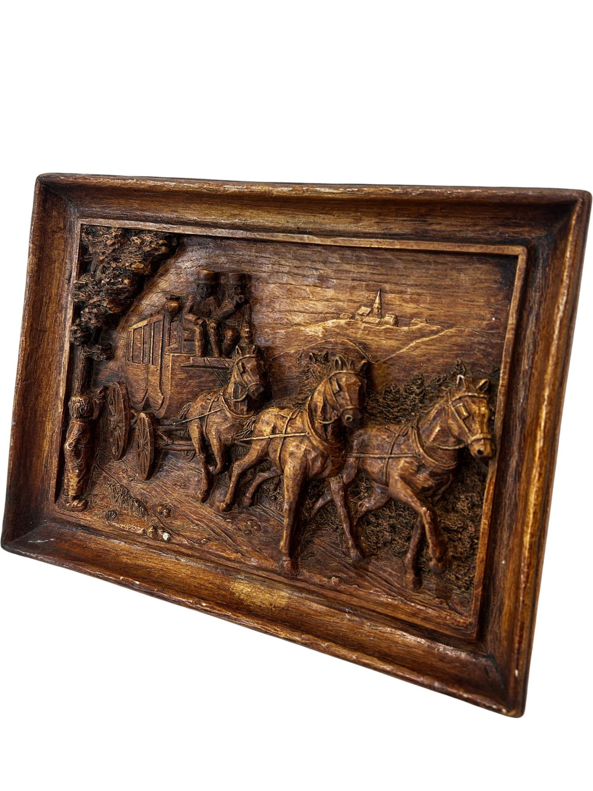 Vintage Coach & Horses Relief Wall Plaque Rustic Carved Effect 31cm (Pre-Loved)